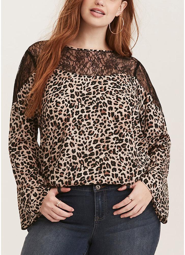 Damen Plus Size Leopard Print Bluse Spitze Splice O-Neck Flare Sleeve Pullover