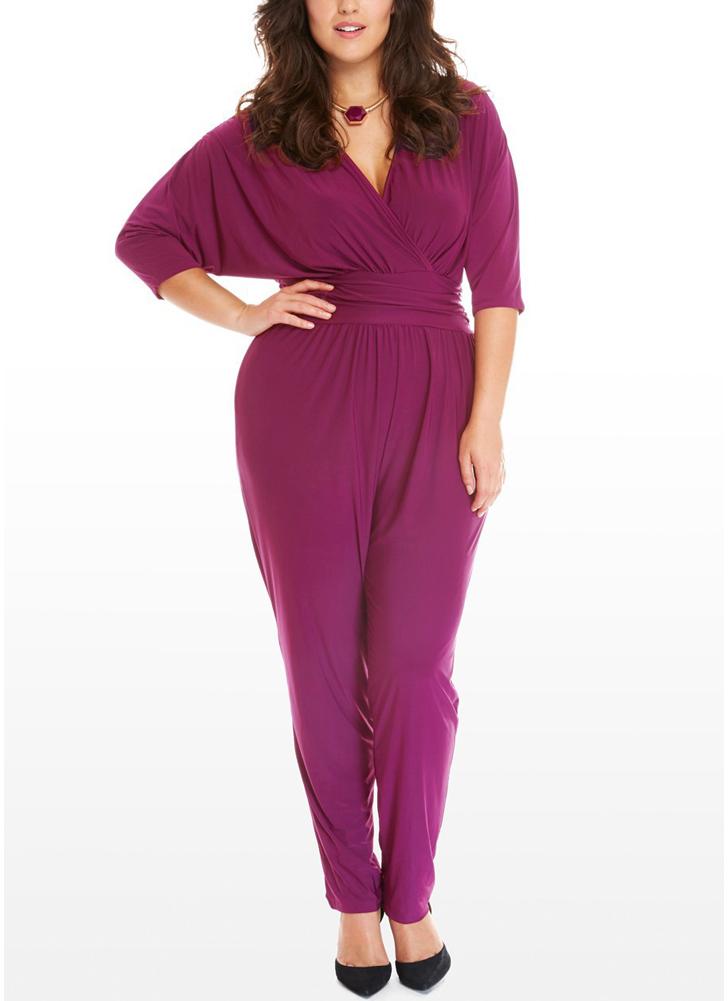 Women Plus Size Jumpsuit V Neck Batwing Sleeve High Waist