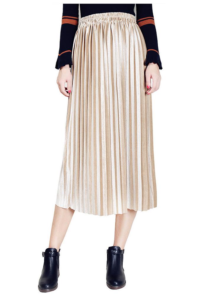 Solid Velvet Pleated Elastic High Waist Midi Casual Skirt