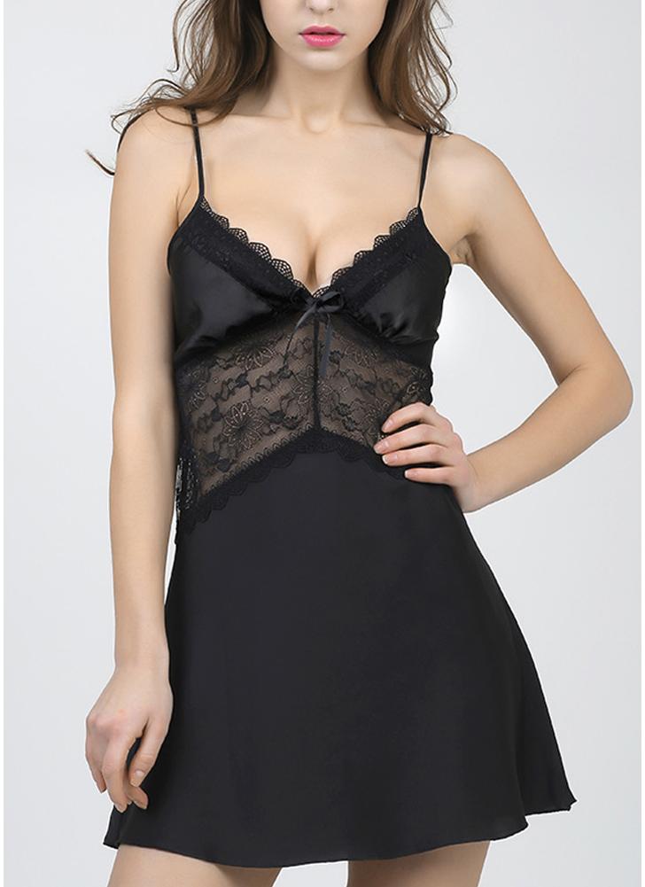 Silk Satin Sheer Lace V Neck Sleeping Dress