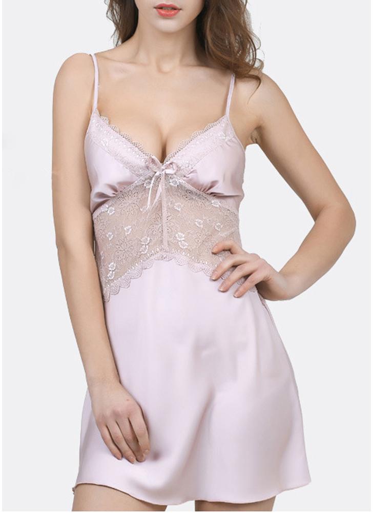 Silk Satin Sheer Lace V Neck Sleeping Dress