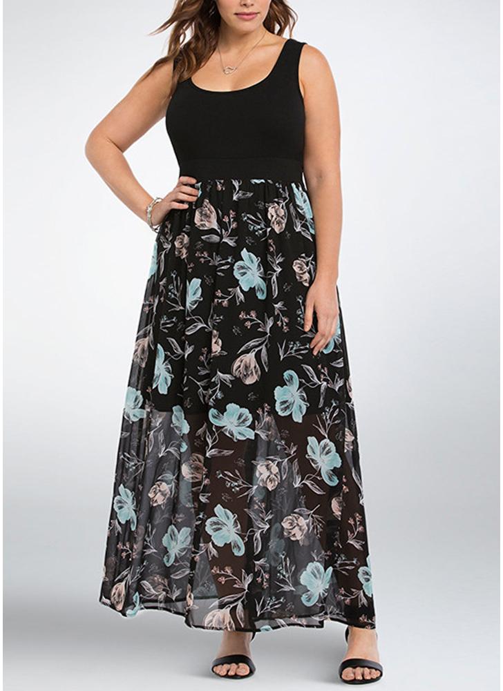 Women Large Size Maxi Dress Floral Print Chiffon Splice Sleeveless  Long Dress