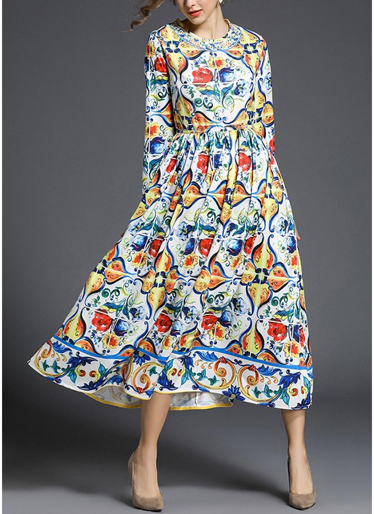 Women Dress Colorful Floral Print High Waist Pleated  Elegant Maxi Gown