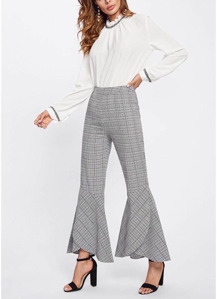 Plaid Print Flared Bell Bottom High Waist Pants