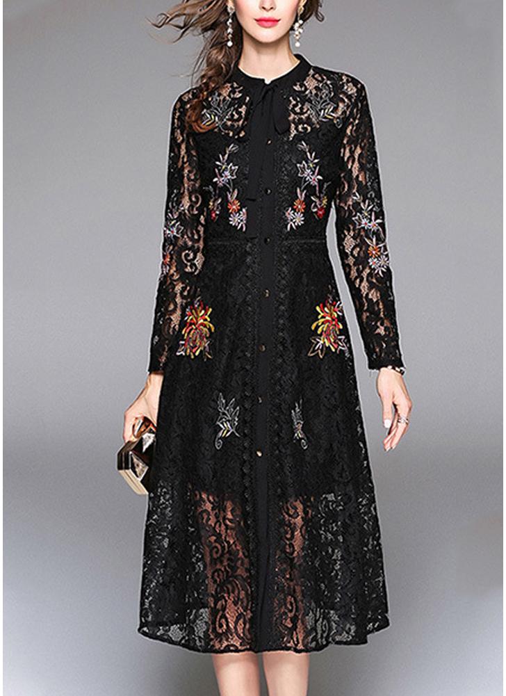 Women Elegant Lace Dress Tie Neck Long Sleeve Vintage Party Dress