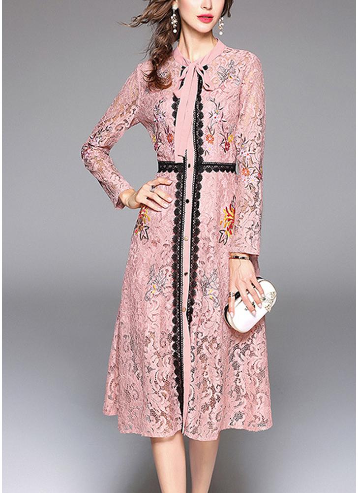 Women Elegant Lace Dress Tie Neck Long Sleeve Vintage Party Dress