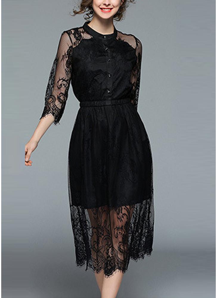 Lace Splice Half Sleeves Elastic Waist Button Party Vestido Midi