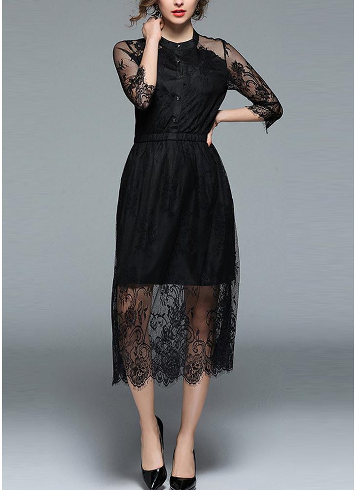 Lace Splice Half Sleeves Elastic Waist Button Party Midi Dress