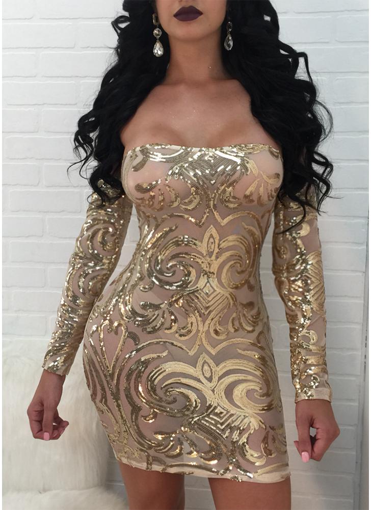 Sheer Mesh Sequined с плеча с длинным рукавом Bodycon Bandage Mini Dress