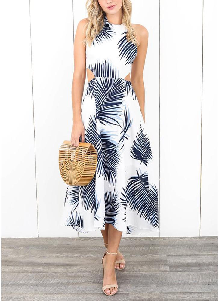 Frauen Kleid Kontrast Blätter Print Open Back Maxi Kleid Casual Urlaub tragen