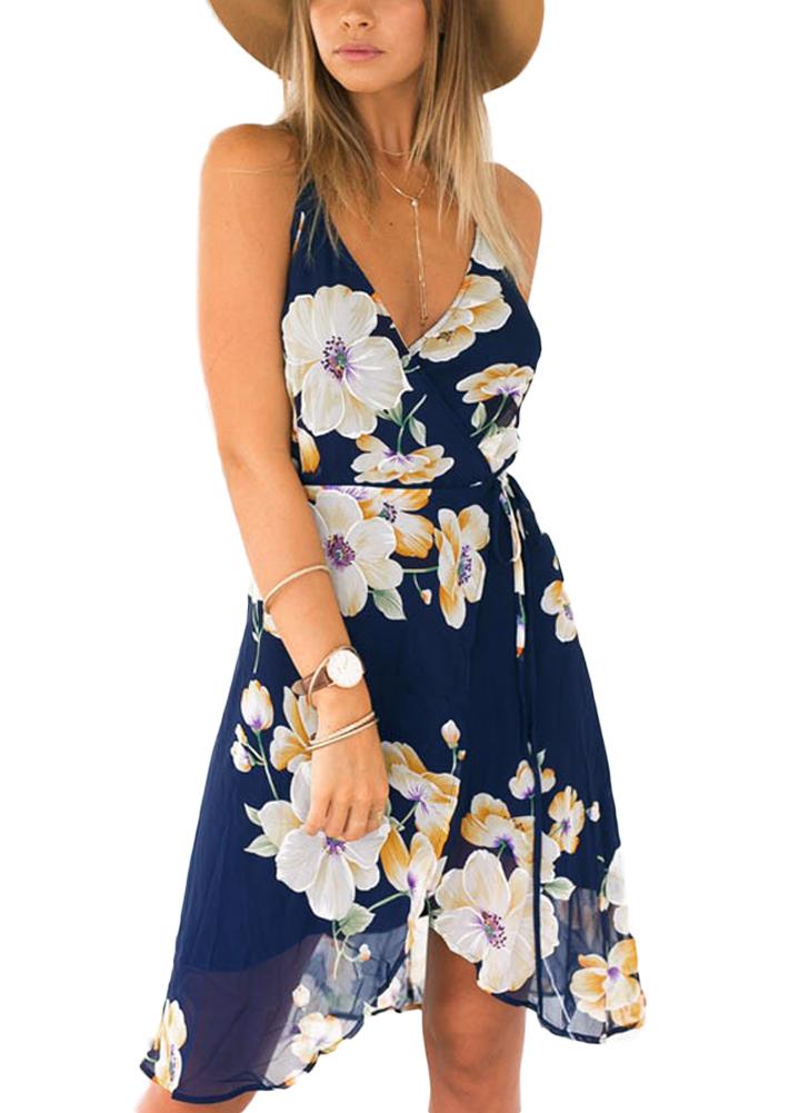 Women Floral Print Sleeveless Chiffon Dress Backless V Neck Spaghetti Strap Summer Beach Dress