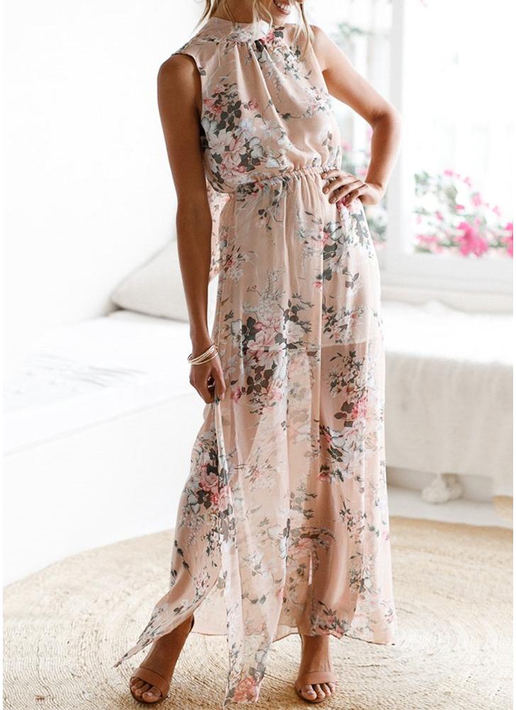 Women Boho Floral Long Split Dress Summer Casual Beach Maxi Dress