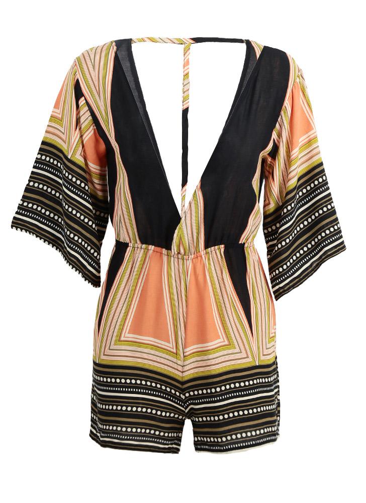 Sexy Stripe Print Plunge V Neck Bell Sleeve Beach Rompers