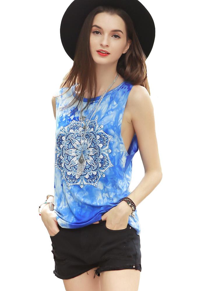 Print O Neck Casual T-Shirt Tank Top
