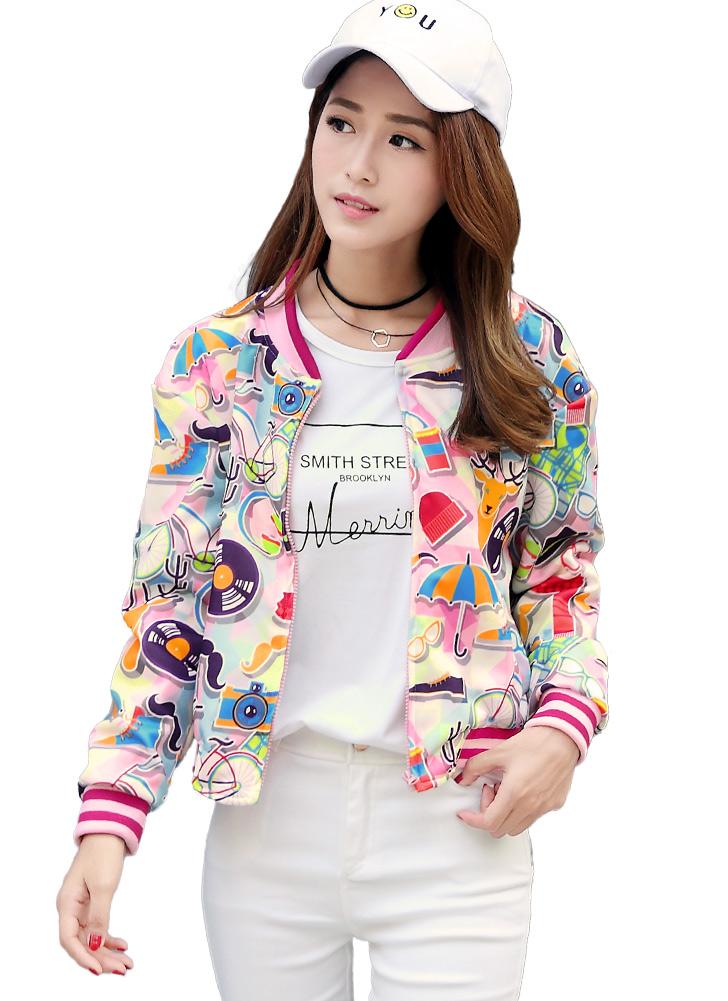 Cartoon Print Stripes Zipper Side Pockets Jacket