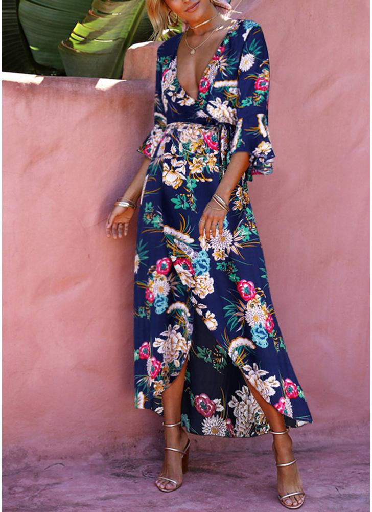 Women Dress Floral Print  Flare Sleeves High Split Belt Bohemian Maxi Dress