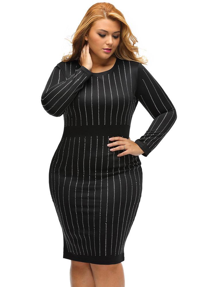 black xxl Plus Size Rhinestone Stripe Round Neck Bodycon Midi Dress ...