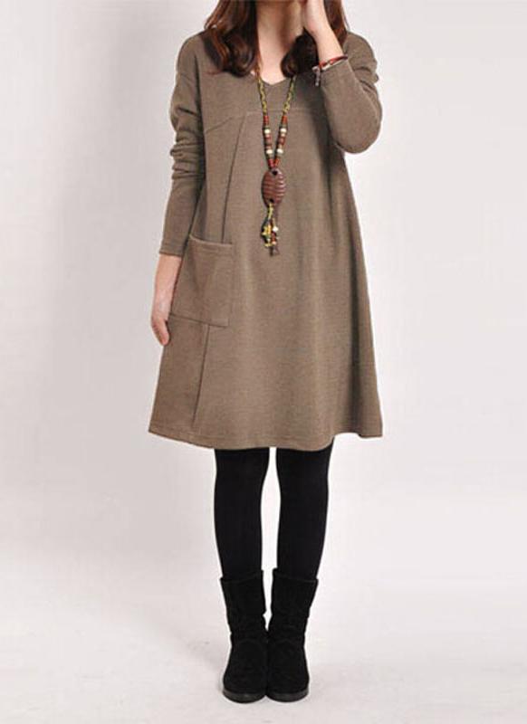 Plus Size Long Sleeves Pockets Solid V Neck Loose Dress