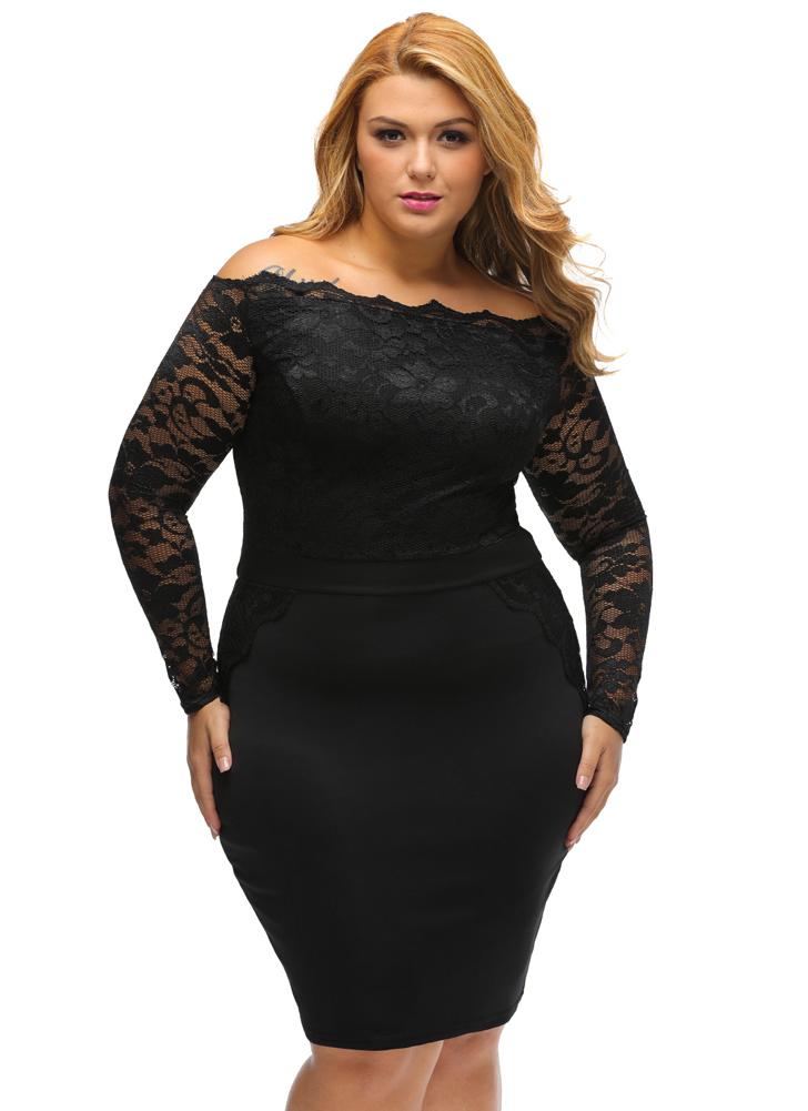 black 3xl off shoulder floral lace splice plus size bodycon mini off the shoulder dresses plus size