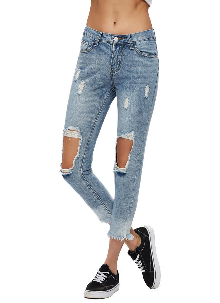 Donna Stretch anca Skinny Jeans A Sigaretta Slim Fit stracciato con fori Jeans Pantaloni
