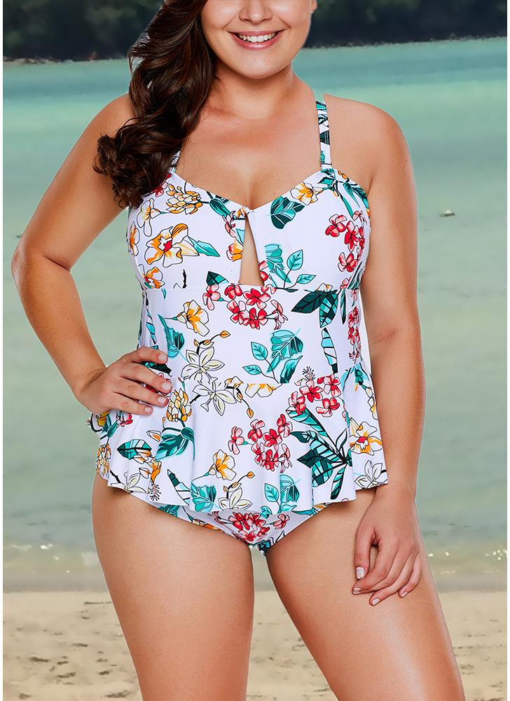 Women Plus Size One Piece Swimsuit Floral Print Ruffles  Hollow Out