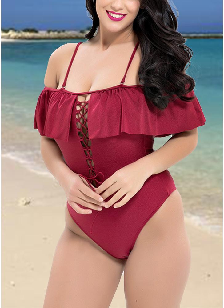 Women Plus Size Swimsuit  Lace-Up Ruffles Backless Wireless  One-Piece Bikini Swimwear