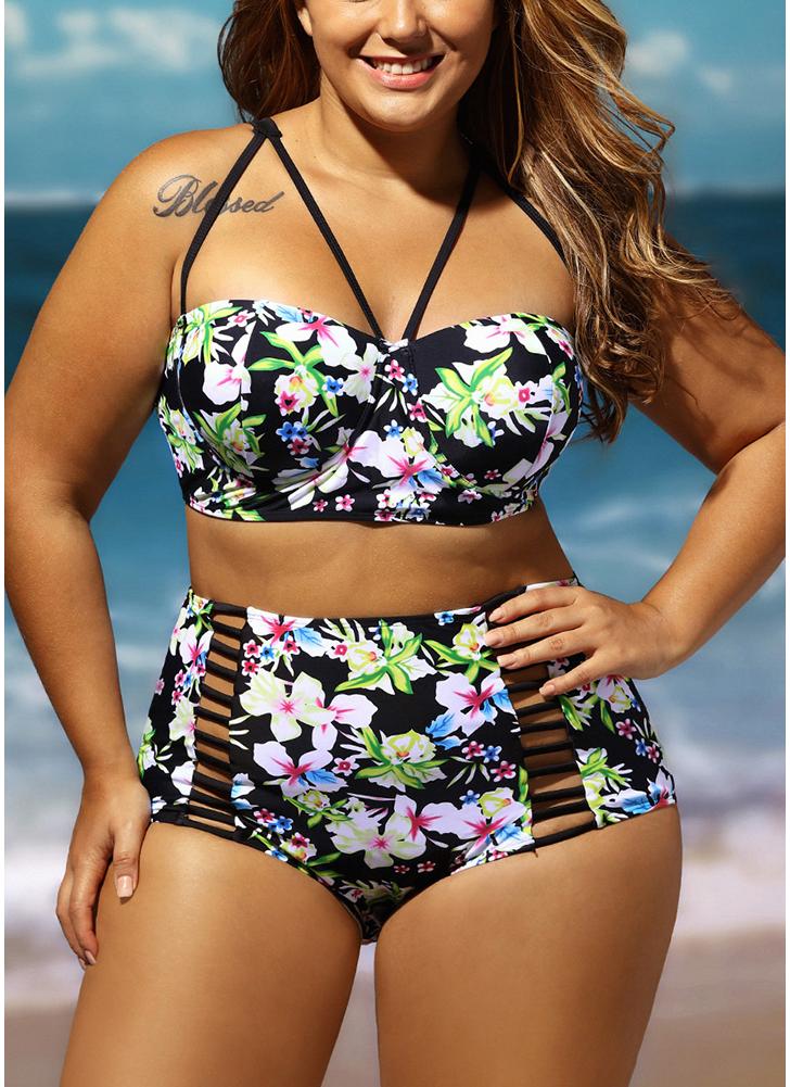 Frauen Plus Größe Floral High Waist Bikini Set ausgeschnitten Bügel Badeanzug