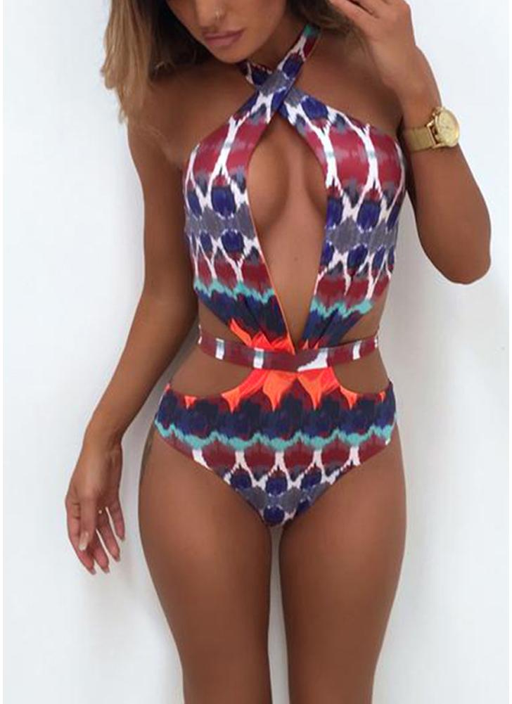 Women One Piece Printed Swimsuit Swimwear Plunge Bathing Suit Backless Beachwear Monokini