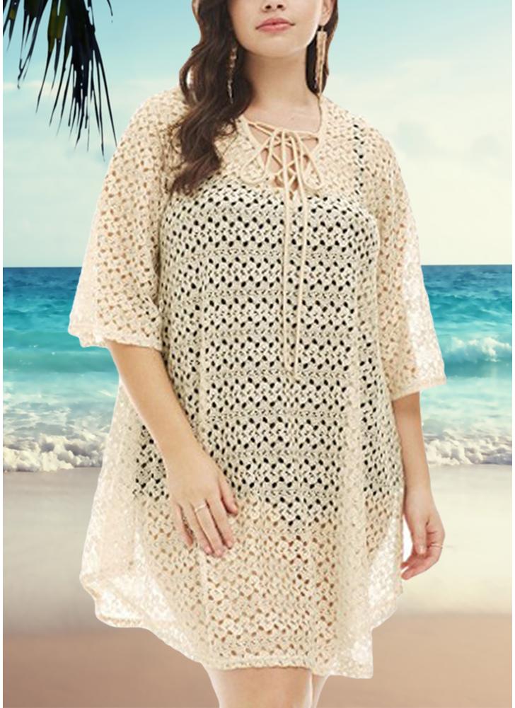 beige 2xl Women Plus Size Beach Cover Up Crochet Lace ...