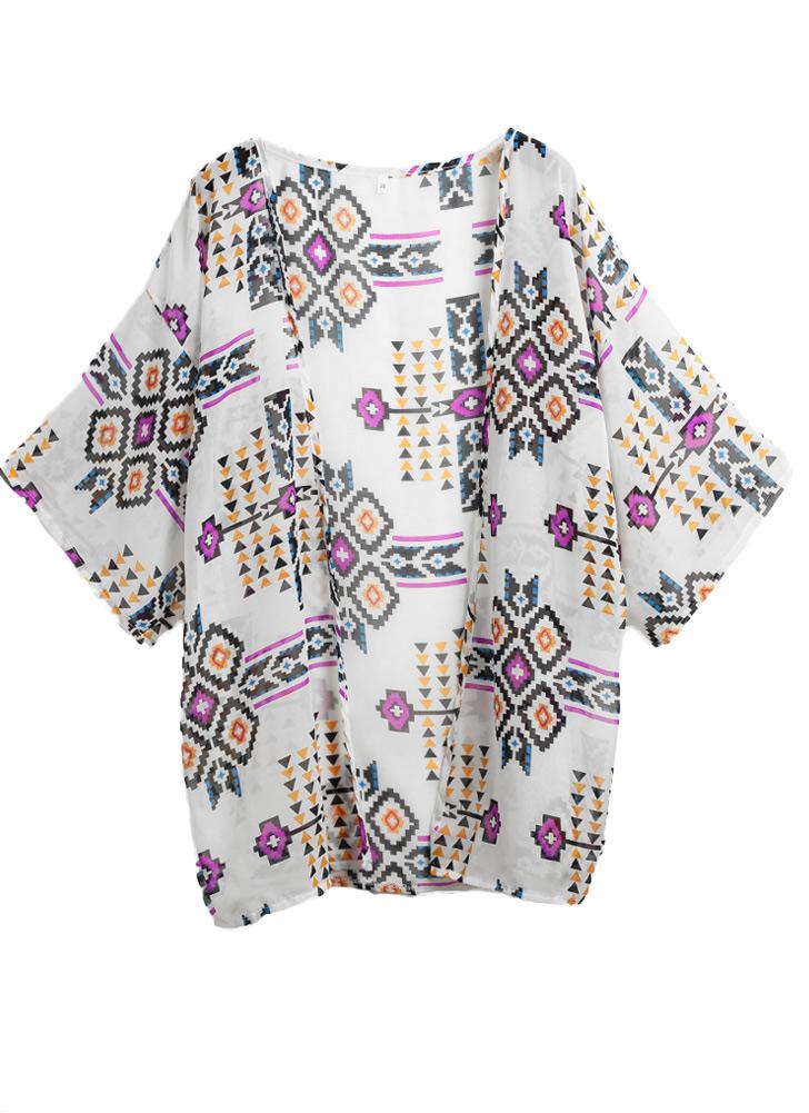white l Geometry Printed Beach Cover Up Kimono Chicuu