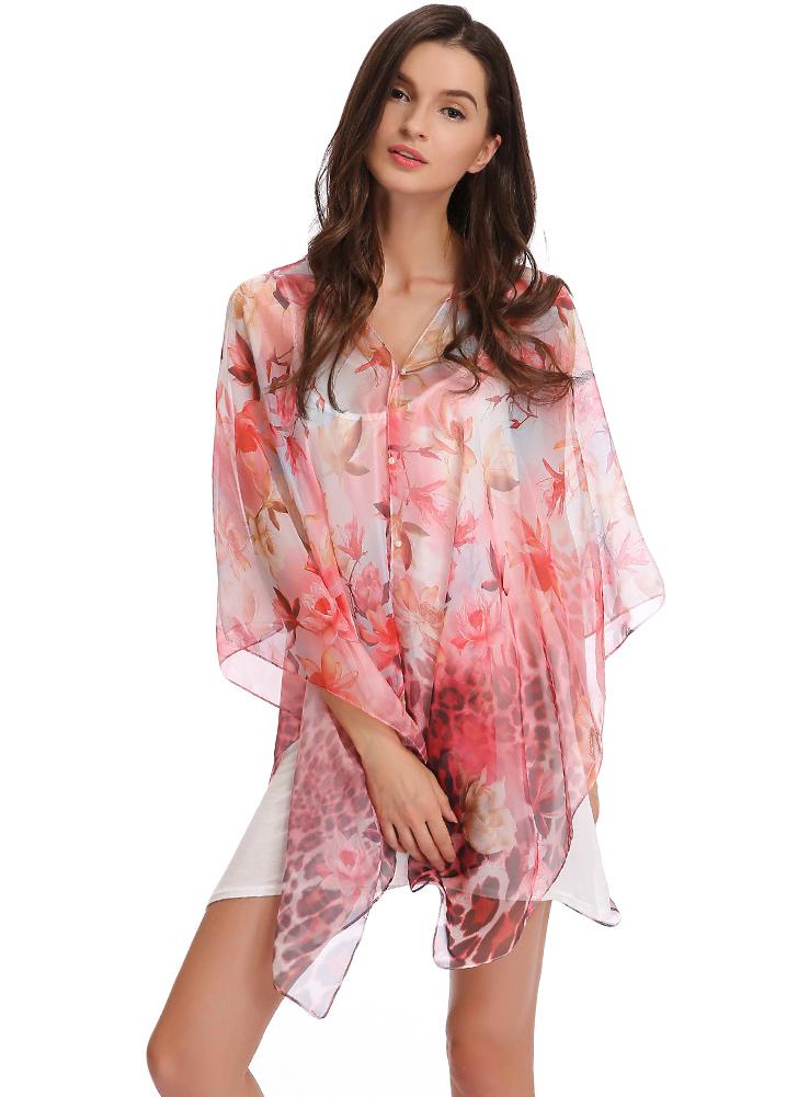 Nouveau Femmes mince longue écharpe Châle imprimé floral double couche élégante Pashmina Beach Girl Cap Cover-up