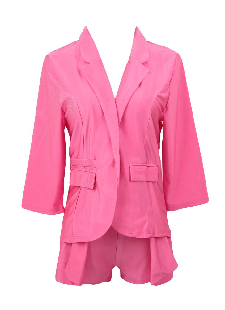 Dos de las mujeres de moda nuevo Set 3/4 manga abierta Blazer chaqueta Hot Pants cortos OL delgado traje naranja rosa