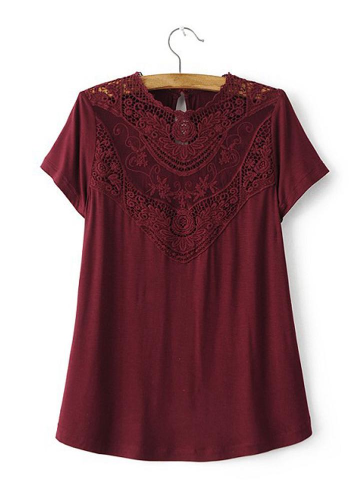 Lace Crochet Hollow Out Round Neck Short Sleeve Blouse