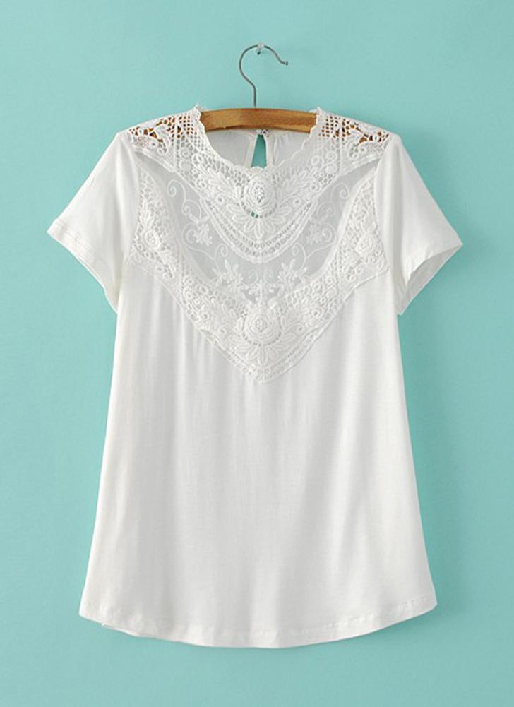 Lace Crochet Hollow Out Round Neck Short Sleeve Blouse