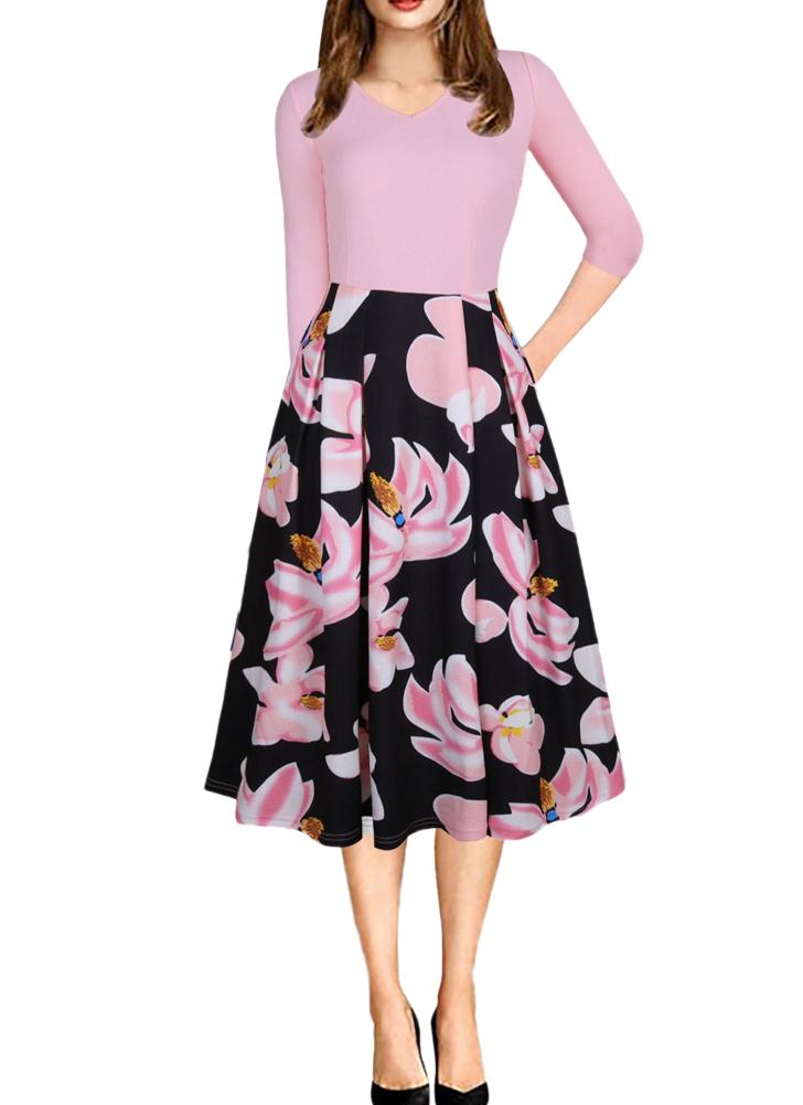 rosa s Frauen Vintage V-Ausschnitt Blumendruck Swing-Kleid - Chicuu Frauen Vintage V-Ausschnitt Blumendruck Swing-Kleid