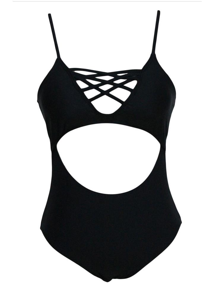 Novas mulheres Sexy maiô peça única V pescoço cruzam Lattice recorte cintura alta Monokini Swimwear preto