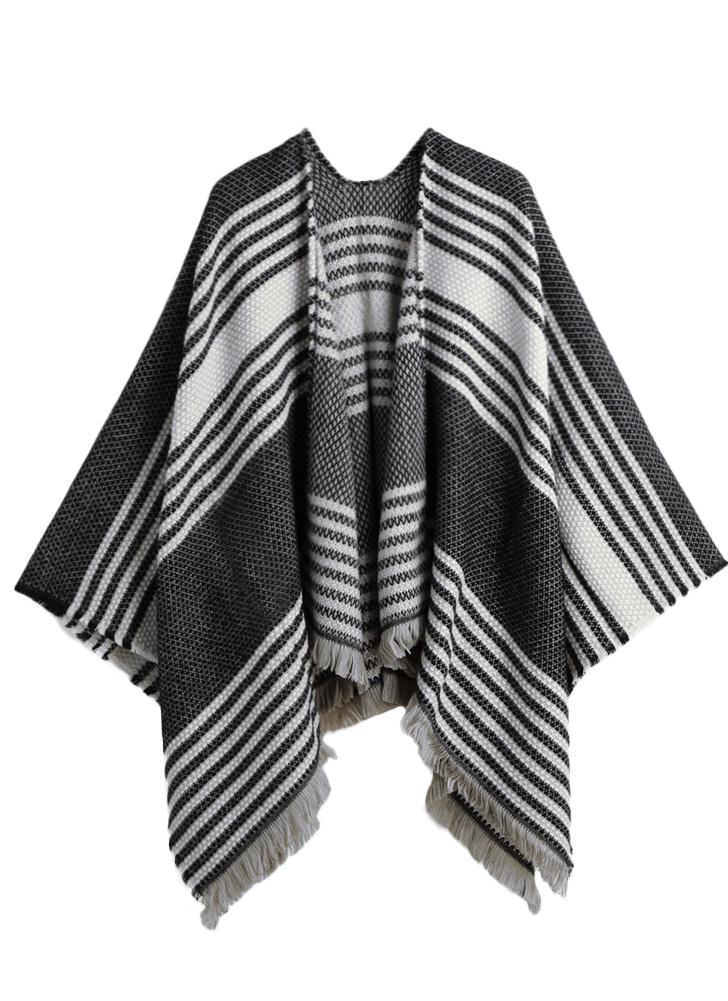 New Moda feminina malha Cape Poncho frente aberta listrado Fringe Tassel Vintage Quente Cashmere xaile Scarf Cinza / Vermelho