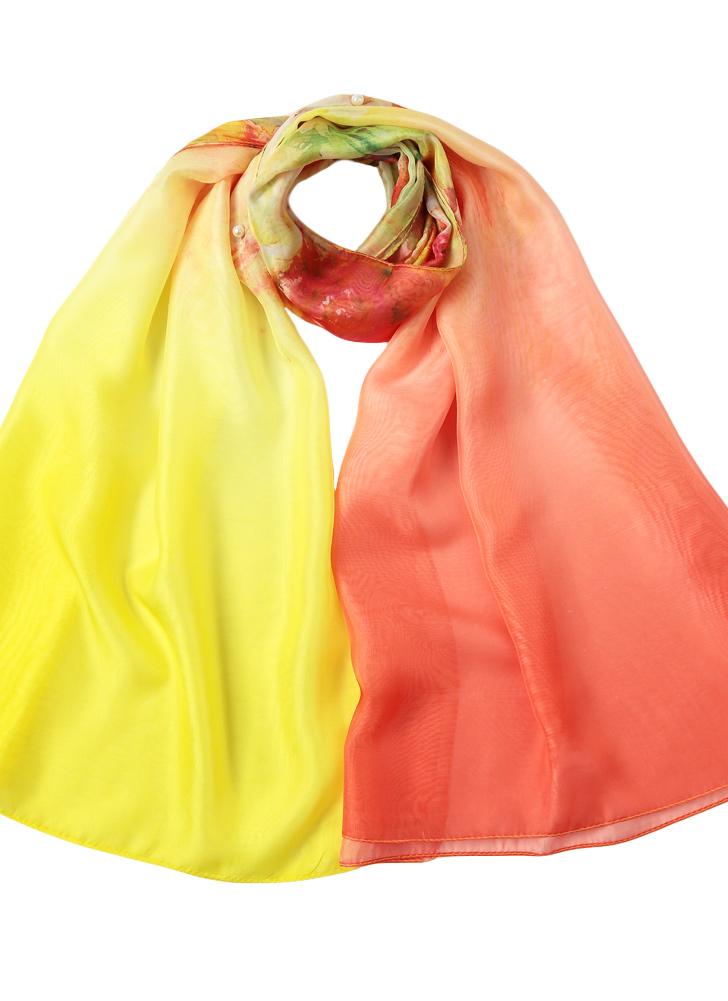 Mousseline de soie Nouveau Femmes Foulard imprimé floral Contraste long Thin Pashmina Soie Châle Plage Cover Up Jaune / Rose