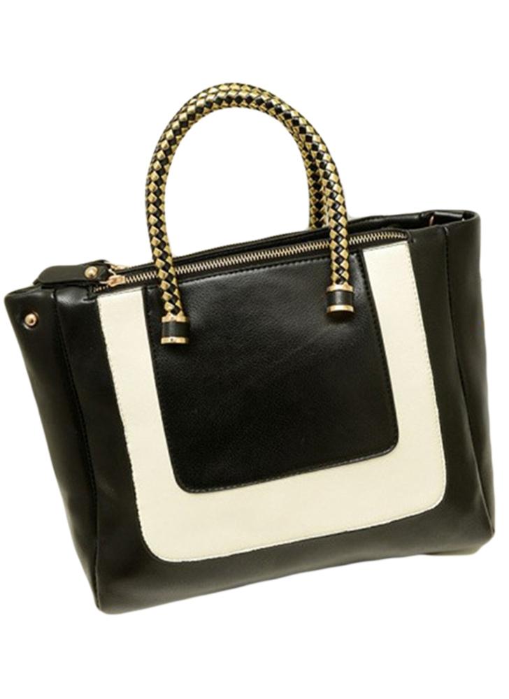black Fashion Contrast Design Braided Top Handles Shoulder Tote Bag Chicuu