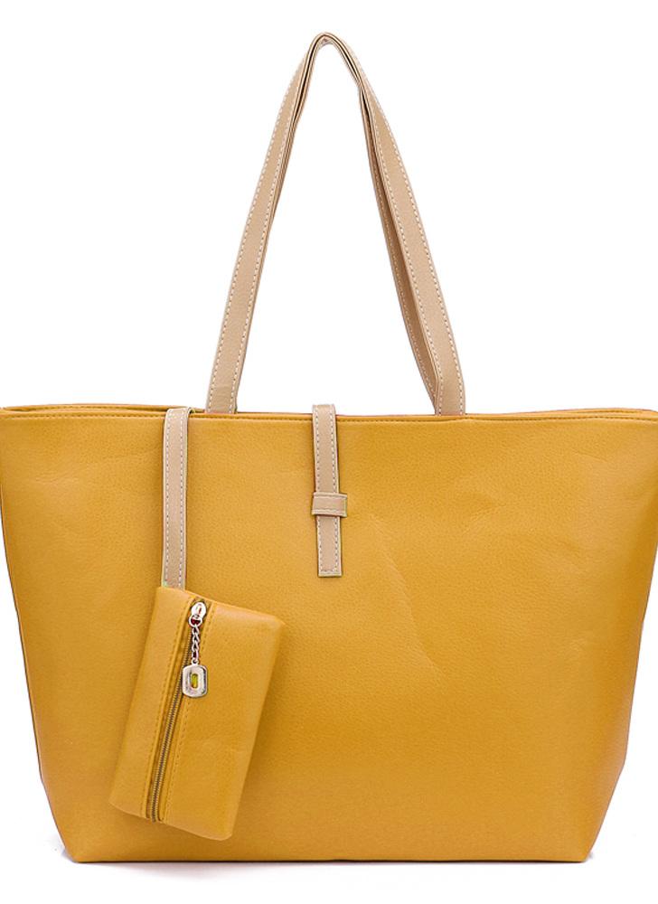 Nuova moda donna Lady Handbag Shoulder Bag PU Leather Tote Yellow