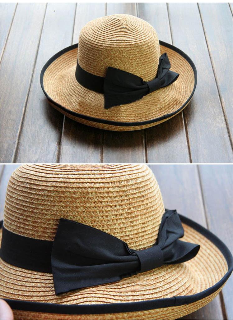 camel Women Straw Hat Black Bowknot Ribbon Rollup Trim Sun Hat Chicuu