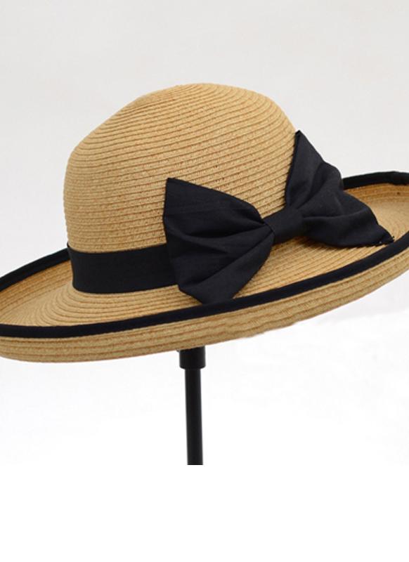 camel Women Straw Hat Black Bowknot Ribbon Rollup Trim Sun Hat Chicuu