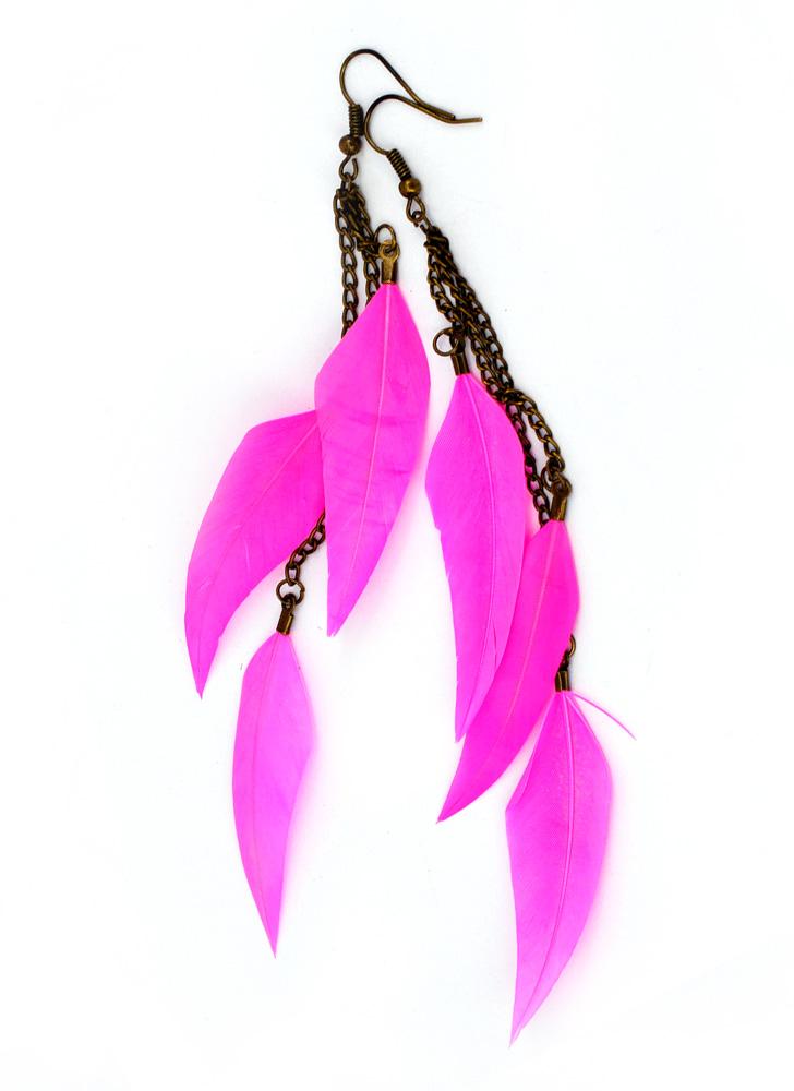 Hot Pink Stylish Long Feather Bronze Chain Light Drop Dangle Stylish Long Feather Bronze Chain Light Drop Dangle Chandelier Earrings