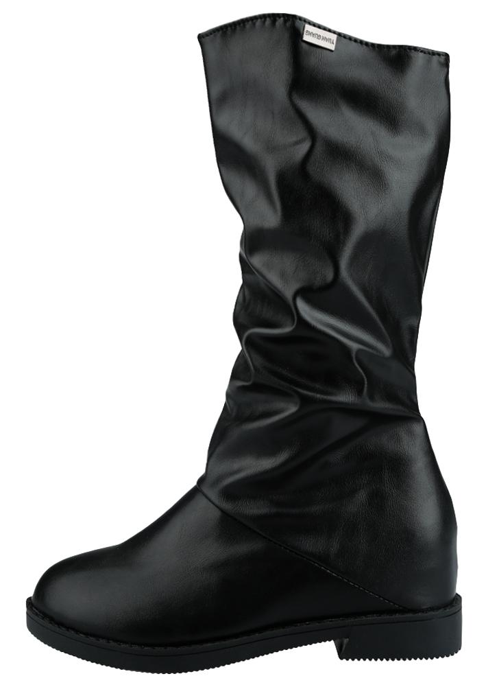 PU Leather Round Toe Concealed Wedge Heel Mid Calf Slouch Shoes