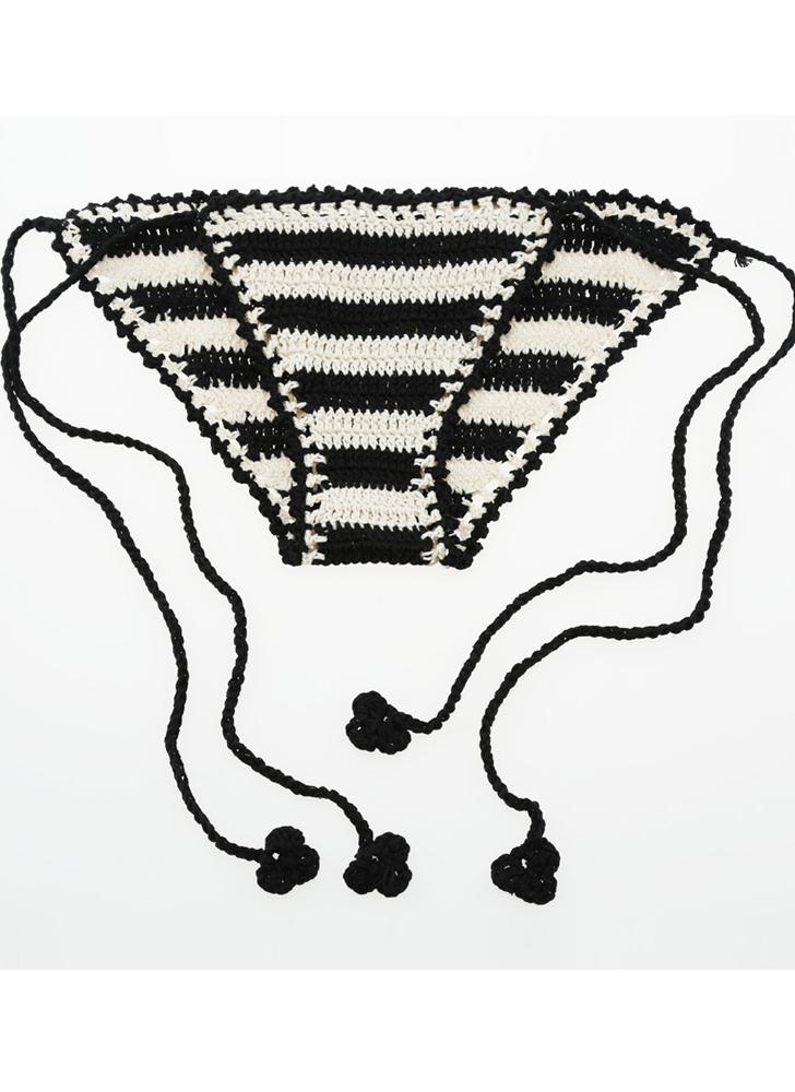 Sexy Knitted Tie Waist Contrast Stripe Beach Black Crochet Bikini Bottom