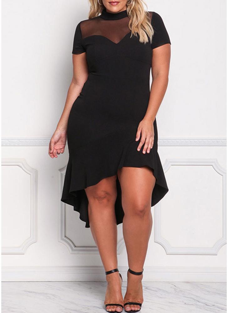 Sexy Mesh Splice Rüschen Unregelmäßiger Saum Frauen Plus Size Dress