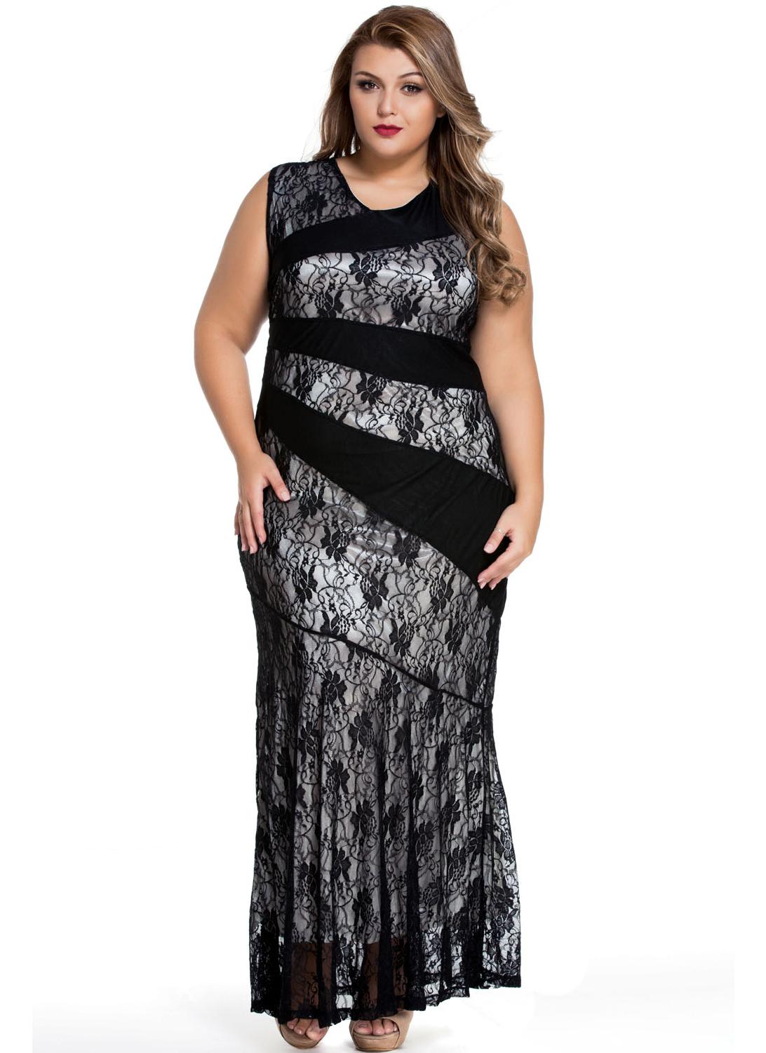 Nero elegante pizzo Splice Plus Size Sirena Prom abito