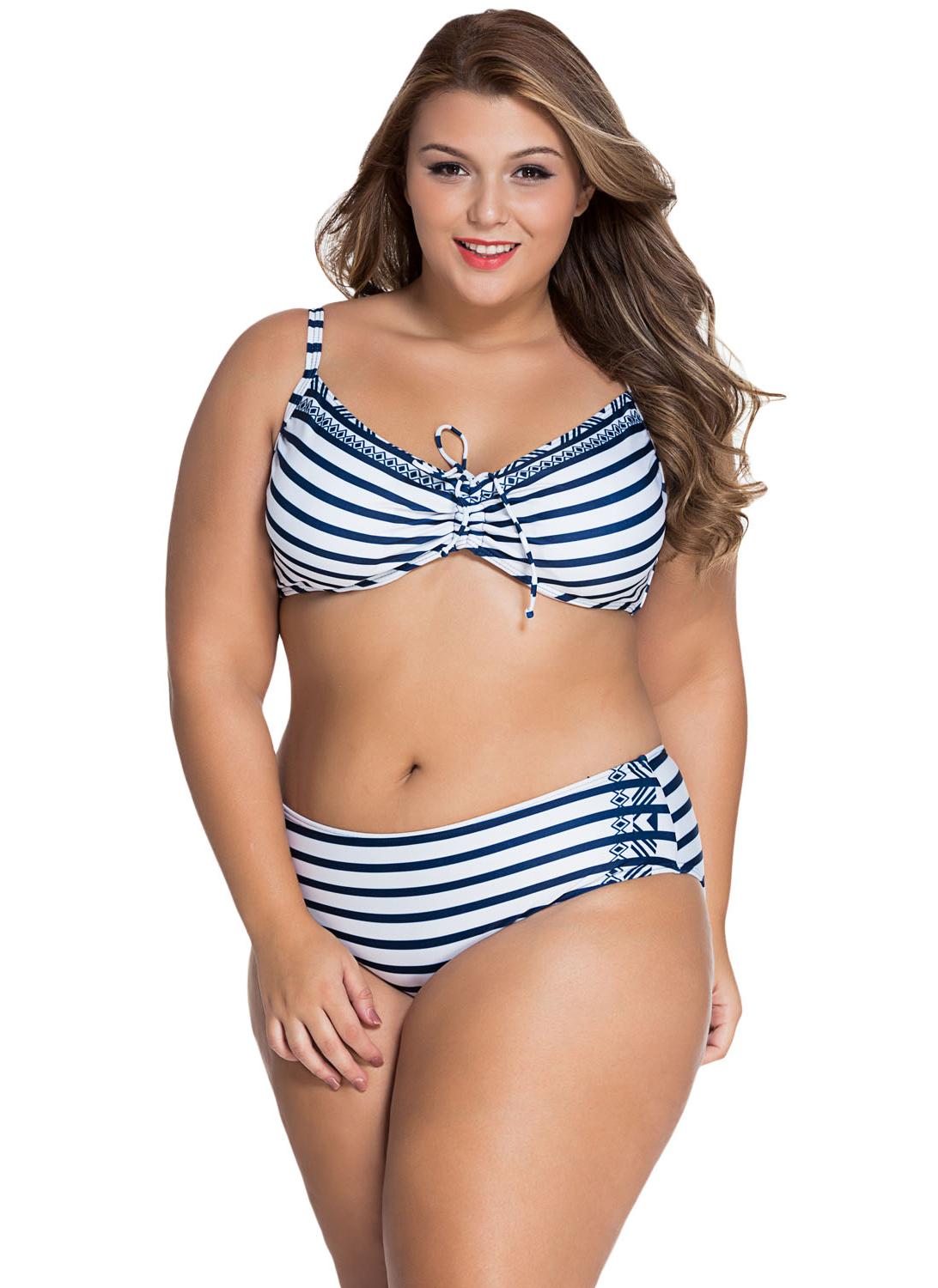 Branco da Marinha listradas Underwire curvilíneas Swimsuit