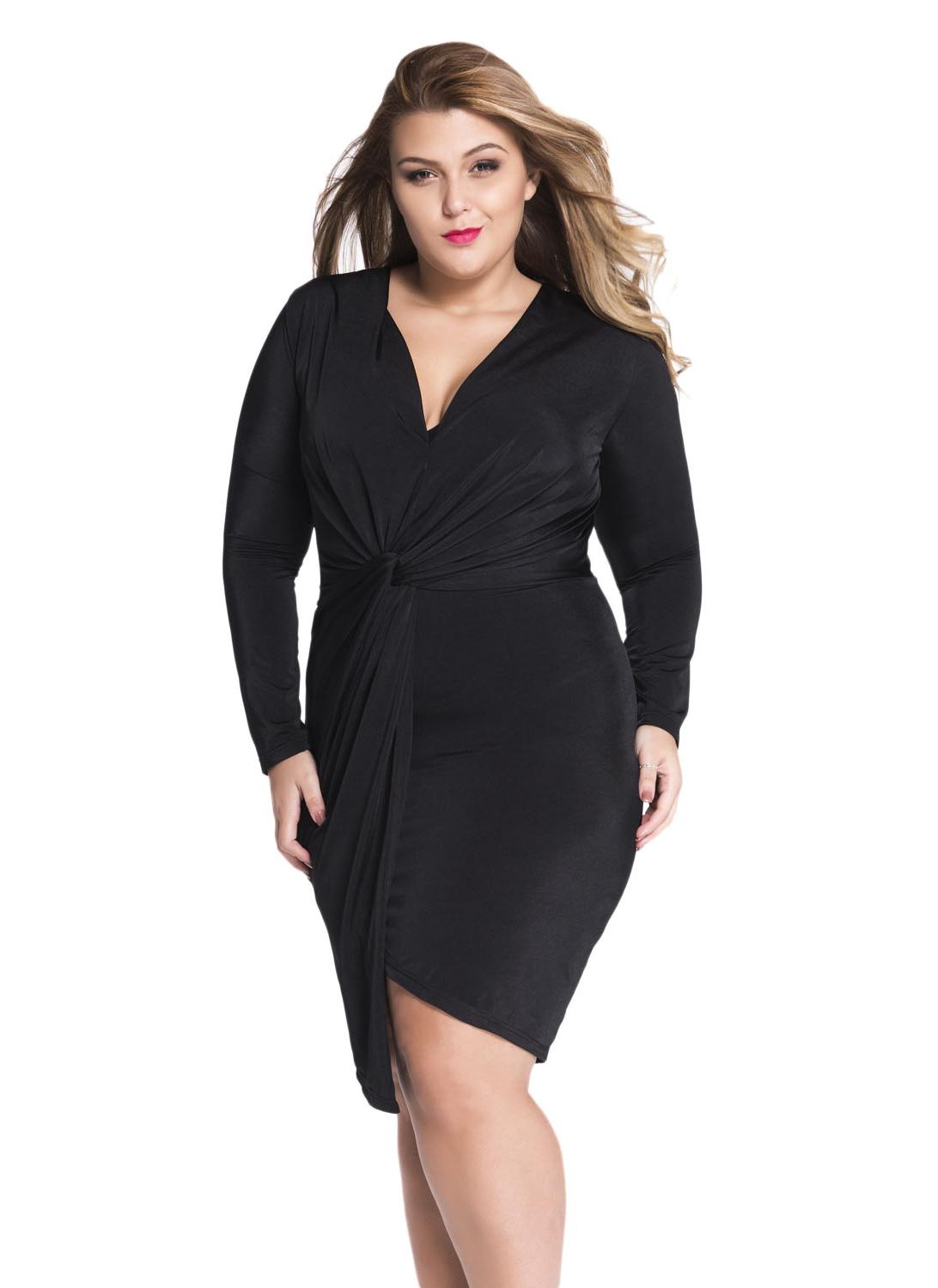 Plus Size Knot Front Plunge Jersey Pencil Dress