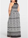 Women Plus Size Printed Maxi Dress Cut Out O-Neck Boho Long Dress